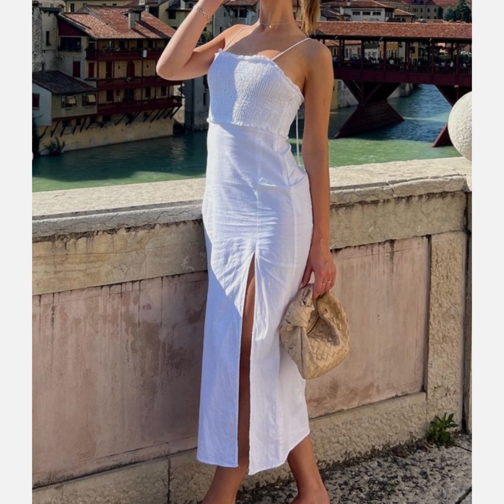 Zara Linen Blend Smocked Midi Dress
